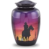 Cowboy Cremation Urn for Human Ashes – Western Sunset Horse & Rider Urn – Beautiful Adult Funeral & Memorial Urn up to 210 lbs with Velvet Bag (Large)