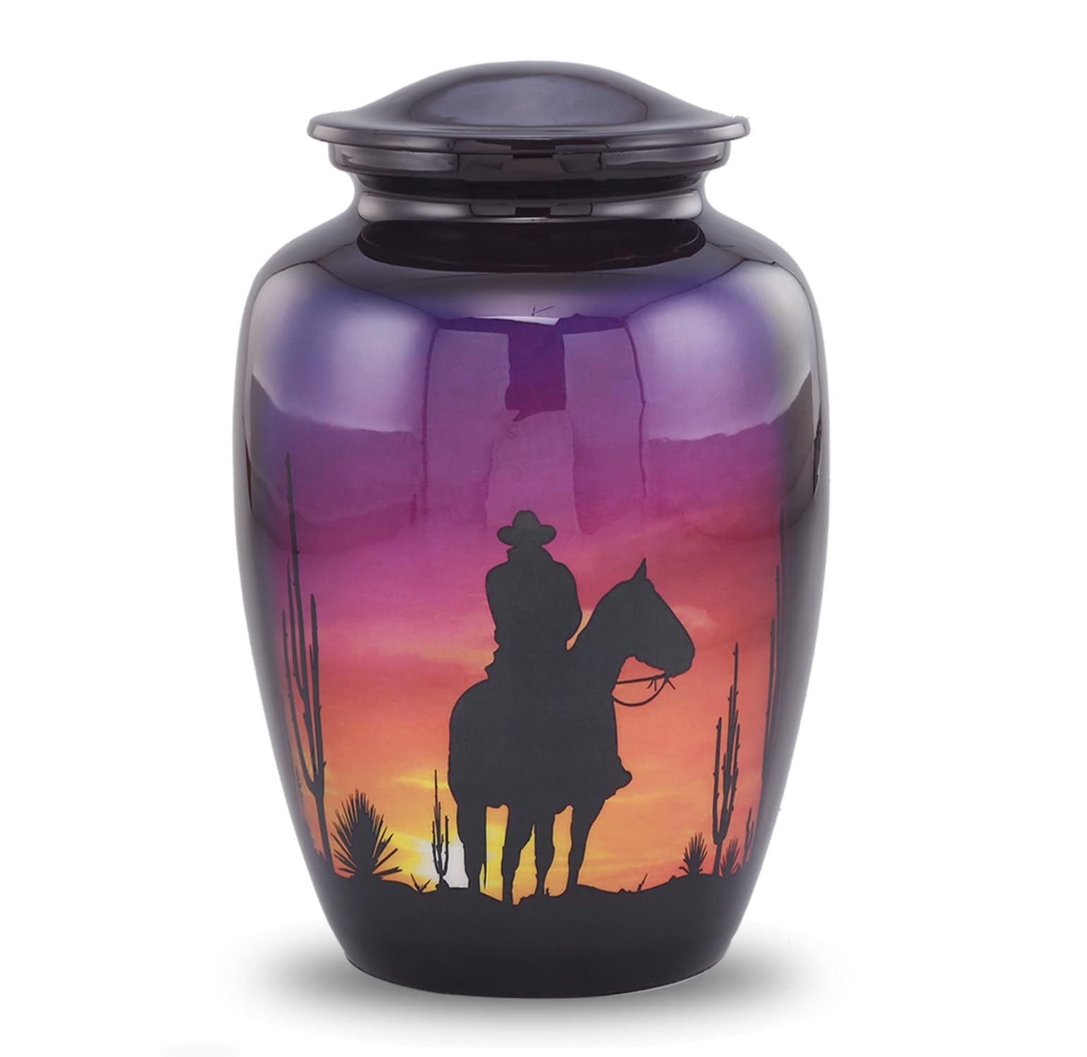Photo 1 of Cowboy Urn - Western Cowboy Cremation Urn - Sunset Horse Urns - Sunset Riding Horse Funeral and Memorial Urns for Human Ashes Upto 210 Lbs with Velvet Bag (Large)