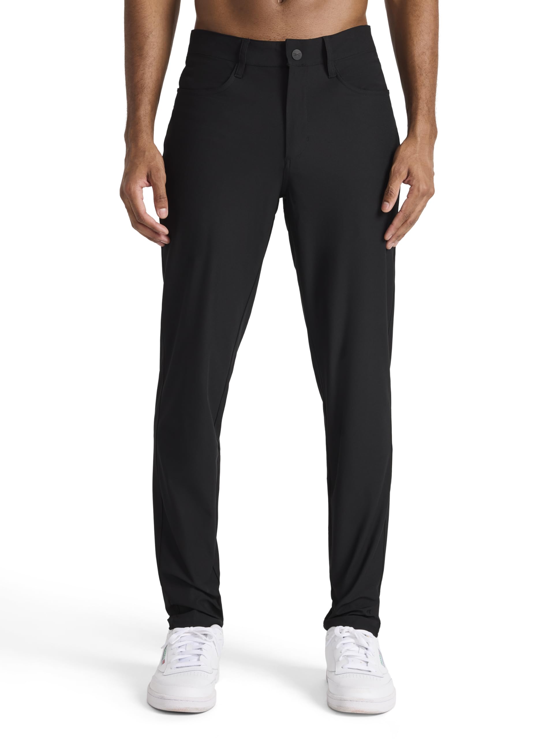 Reebok Men’s 5-Pocket Voyager Oblong Pant, Tapered Slim Fit, Lightweight Poly Double-Knit Fabric, Black, 32X30