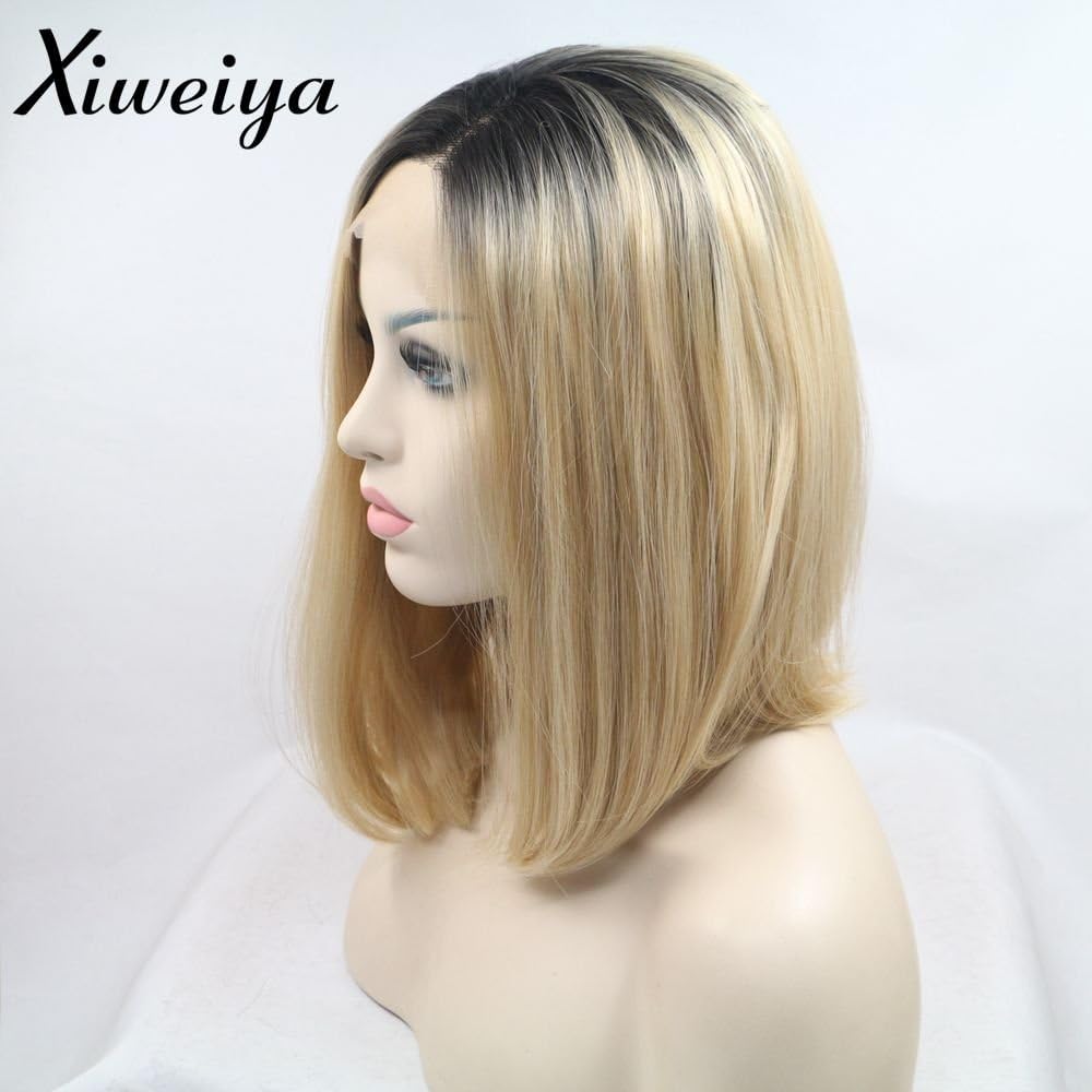 Xiweiya Matte Blonde Wig With Black Roots Short Bob Hair Side Wear Synthetic Lace Front Wig Heat Resistant Gold Hair Hand Tied Replacement Full Wig For Women Cosplay Daily Wear 14 Inched - Image 5