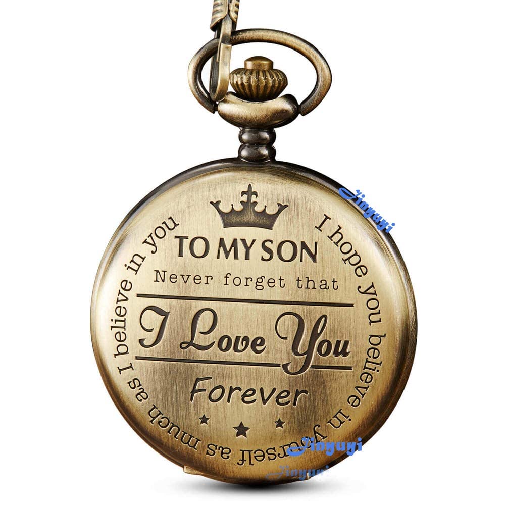 GORBEN Golden Engraved Pocket Watch to Son I Love You Forever Present from a Mom Dad to Son Birthday Gift Fob Watches Chains Graduation Gifts for Son