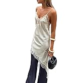 Women Lace Trim Satin High Low Tops Silk Spaghetti Strap Asymmetrical Side Split Cami Top Flowy Silky Layering Tops