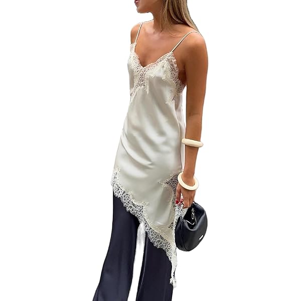 Women Lace Trim Satin Cami Top Y2k Spaghetti Strap Silk