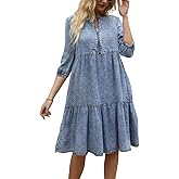 Leyoutx Women's Washed Crewneck Half-Zip Closure 3/4 Sleeve Soft Babydoll Denim Midi Dress