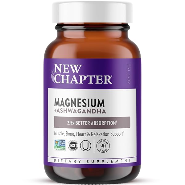 NEW CHAPTER MAGNESIUM + ASHWAGANDHA SUPPLEMENT, 325 MG WITH MAGNESIUM GLYCINATE, 2.5X ABSORPTION, MUSCLE RECOVERY, HEART & BONE HEALTH, CALM & RELAXATION, GLUTEN FREE, NON-GMO – 90 CT (3 MONTH SUPPLY)