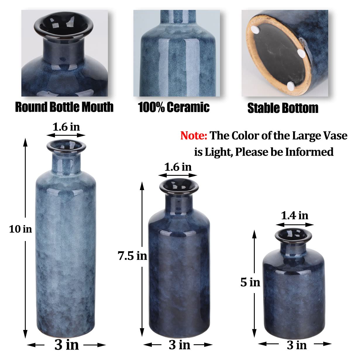 Blue Ceramic Vases Set - 3 Blue Small Vase, Farmhouse Country Blue Vases Home Decor, Living Room Decoration, Table Decoration, Fireplace Decor, and Entrance Decoration Centerpieces - Image 2