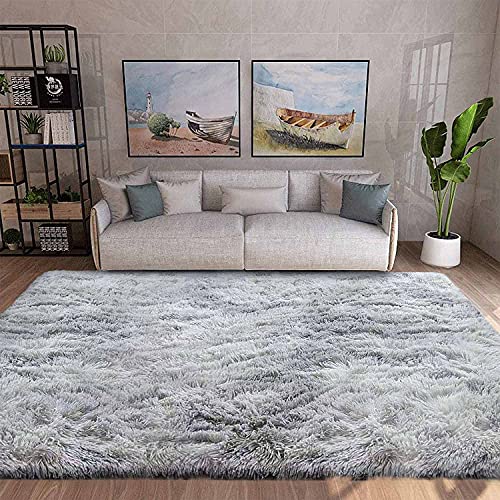 ASIinnsy Living Room Rug, Long Hair, Shaggy Modern Room Carpets, Large, Grey, Non-Slip, Soft, for Bedroom, Dining Room, Plush Rug (250 x 300 cm, Grey White)