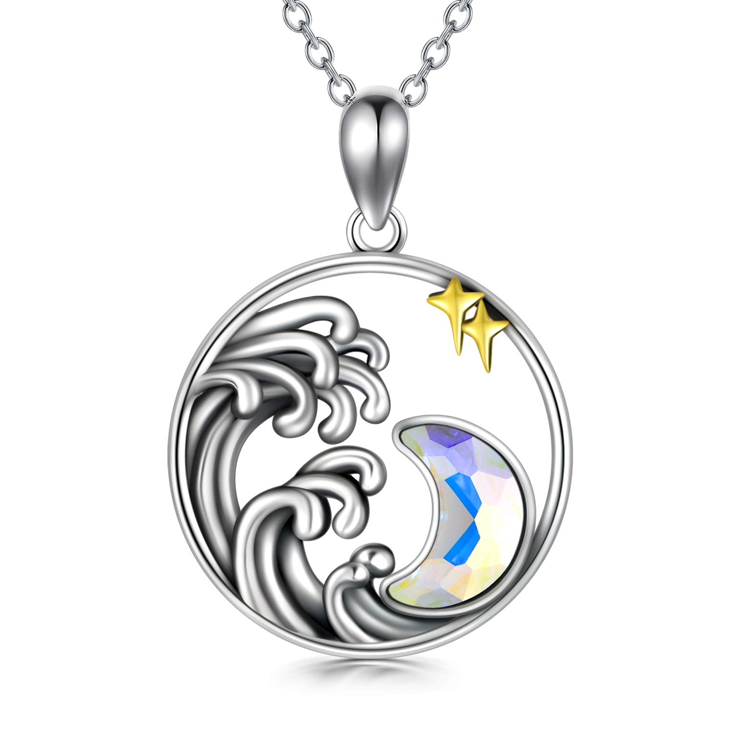 AOBOCO Moon Star Necklace with Crystal Aurora Borealis Crescent Moon Pendant Gift for Women Girls