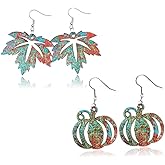 Zhang shine Thanksgiving Fall Pumpkin Leopard Print Acrylic Wooden Dangle Drop Earrings Handmade Lightweight Fall Glitter Pumpkin Earrings Autumn Jewelry for Women