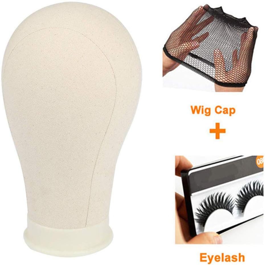 22" Wig Head Canvas Block Head Canvas Cork Mannequin Block Head Wig Display with Mount Hole (22"+ Wig Cap+ Eyelash)