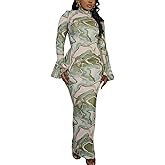 Women Sexy Long Sleeve Maxi Dress Mock Neck Mesh Print Bodycon Y2K Dress Elegant Cocktail Night Out Club Dresses