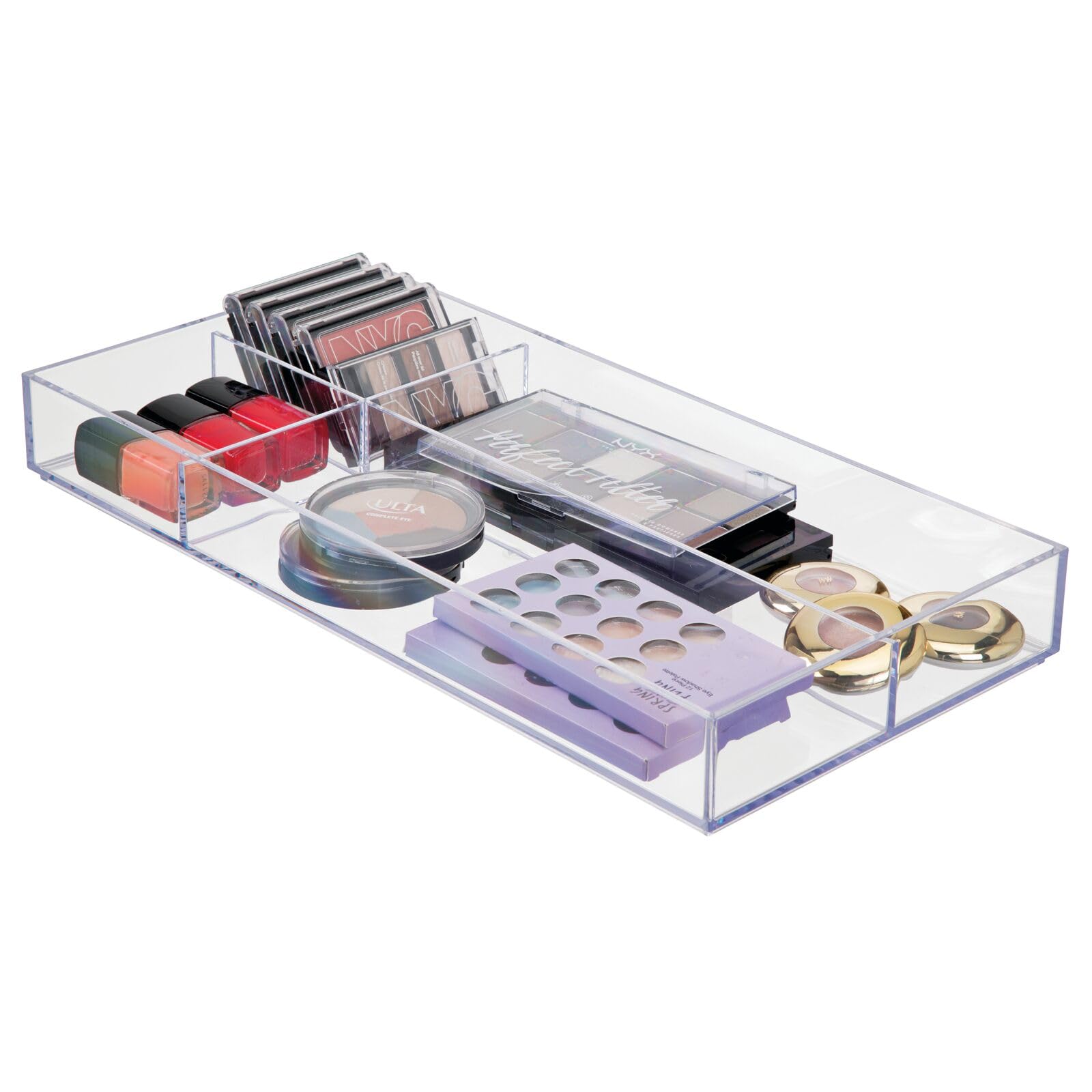 Photo 1 of mDesign Plastic Divided Makeup Organizer Holder Tray for Bathroom Drawer, Vanity, Countertop Storage - Cosmetic Organization Holds Palettes, Brushes, Accessories - Lumiere Collection - Clear