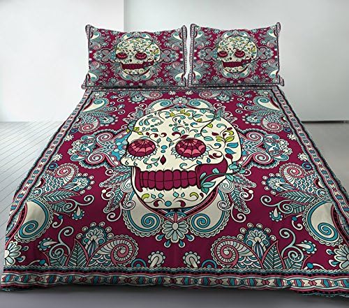 A Anoleu Clearly Digital Printed Skull Combined with Paisley Bedding Set 3 PCs,Reverse 100% Purple Cotton, Printed Sugar Skull Duvet Cover Set (King)