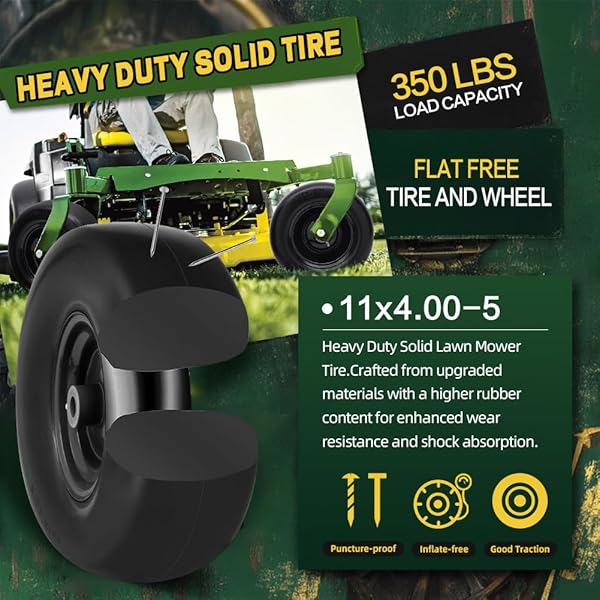 WILTIRE 11X4.00-5 FLAT FREE TIRE AND WHEEL (2 PACK),UNIVERSAL 11X4-5 SOLID SMOOTH TRACTOR TURF TIRE WITH RIM, 3.4″ CENTERED HUB AND 3/4″ & 5/8″ BUSHING, FOR ZERO TURN MOWERS AND RIDING LAWN MOWER