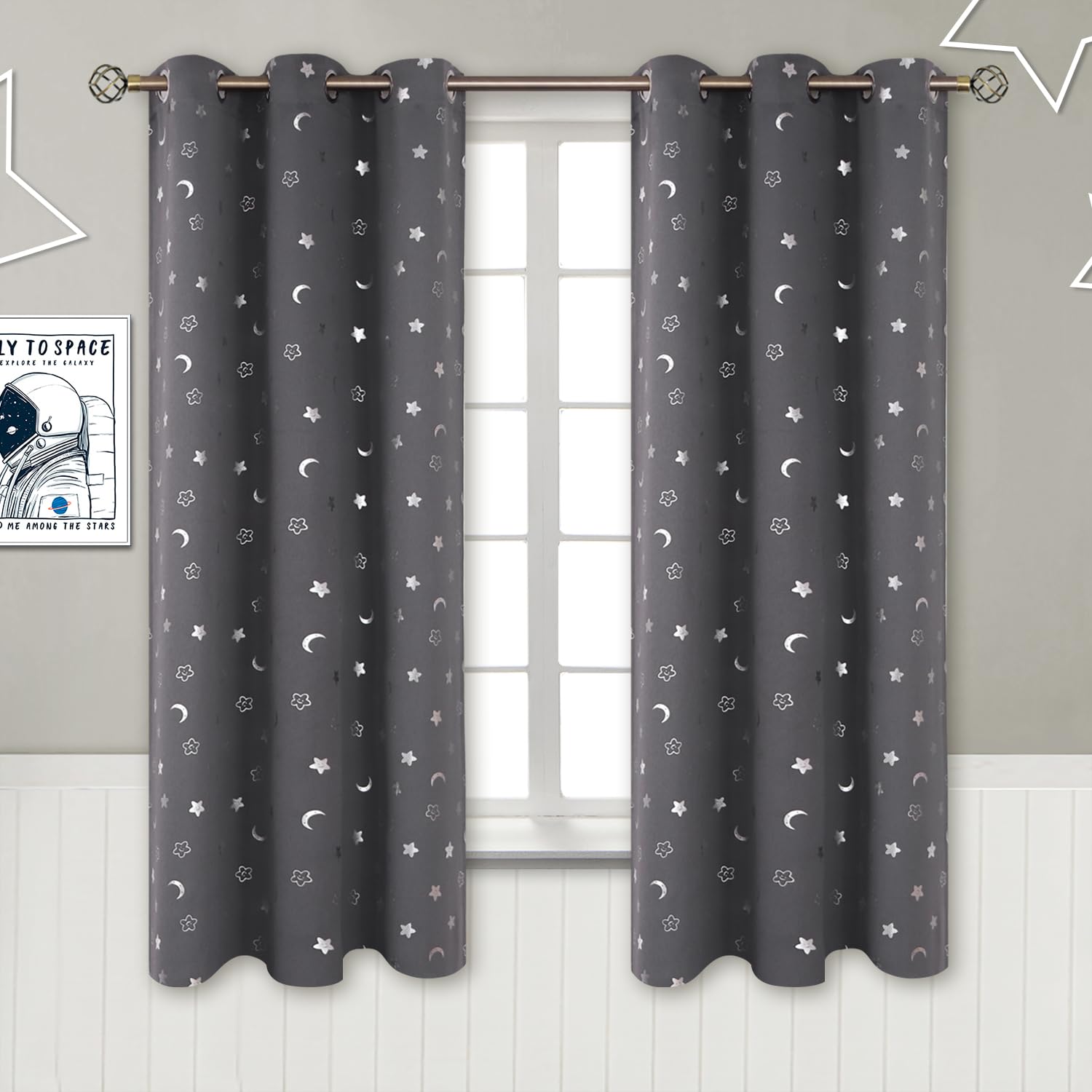 BGment Kids Curtains for Nursery, Star and Moon Blackout Curtains for Boys Girls Bedroom 63 Inch Length, Room Darkening Thermal Insulated Grommet Curtains for Baby, Dark Grey, 2 Panels of 42 x 63 Inch