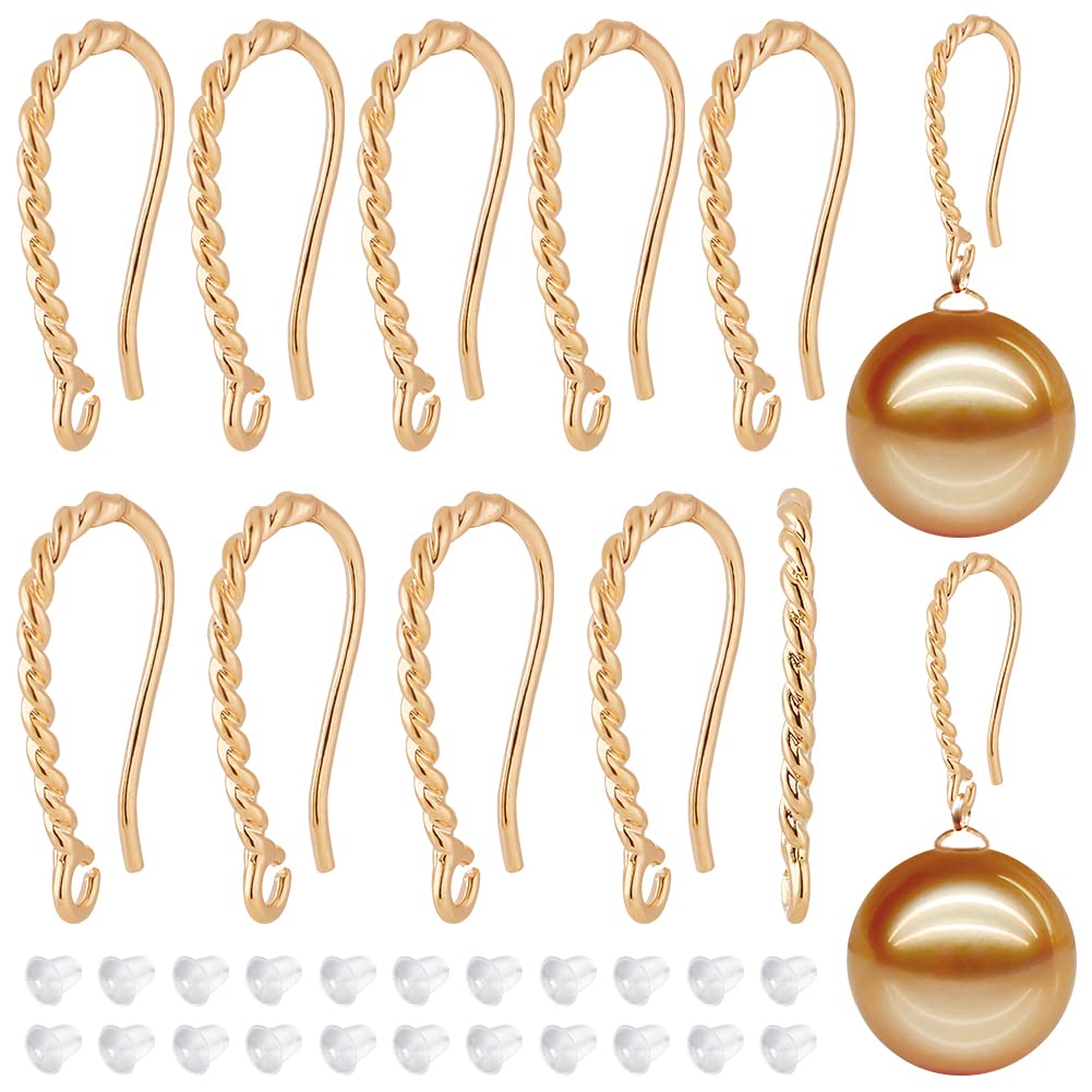 BENECREAT 20Pcs Twist Rope Earring Hooks, 14K Gold Plated Brass, with Loops & 50pcs Plastic Earring Backs - for DIY Jewellery Making