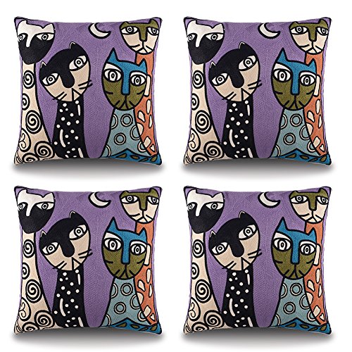 Top Finel 100% Cotton Decorative Embroidered Throw Pillows Cushion Covers Pillowcase Creative Picasso Design (Set of 4) 18 x18 Inch-Cats
