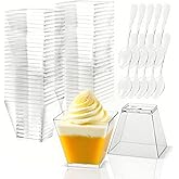 Slomg 100 Pack 4 oz Plastic Dessert Cups with Spoons, Disposable Clear Pudding Parfait Jello Shooter Cups for Party Serving, Ice Cream Trifle Bowls for Fruit Yogurt Appetizer Snack Candy Mousse Salad