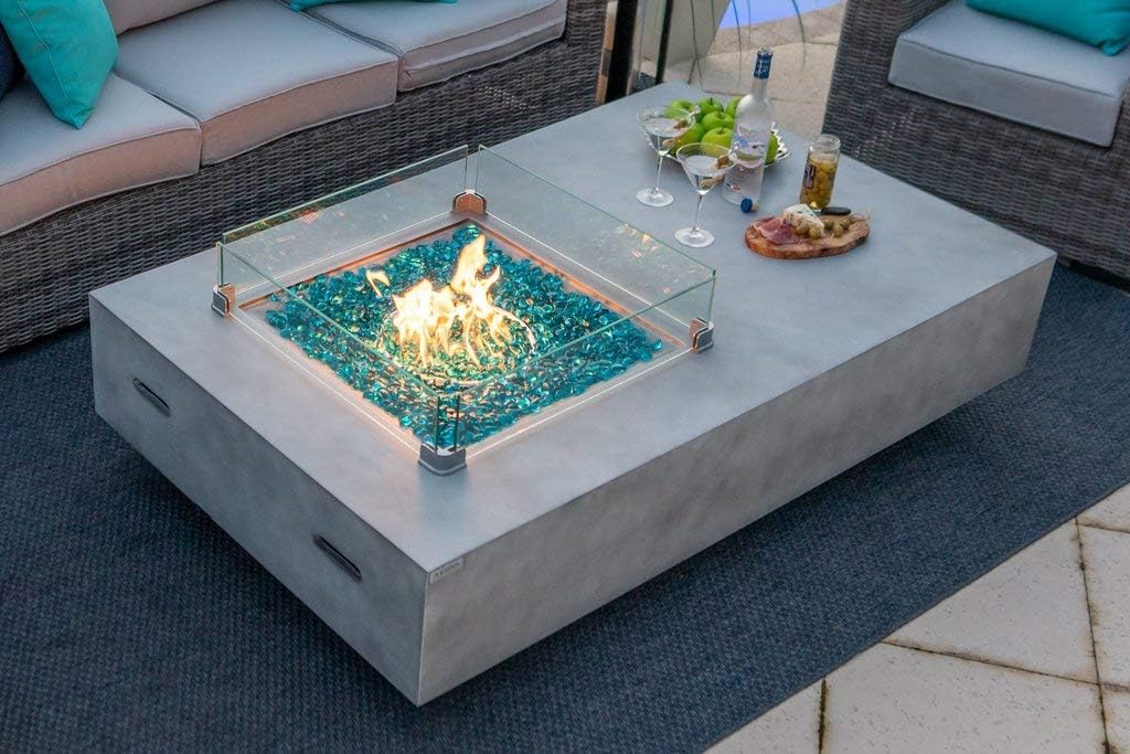 AKOYA Outdoor Essentials 65" Rectangular Modern Concrete Fire Pit Table w/Glass Guard and Crystals in Gray (Clear Crystals)