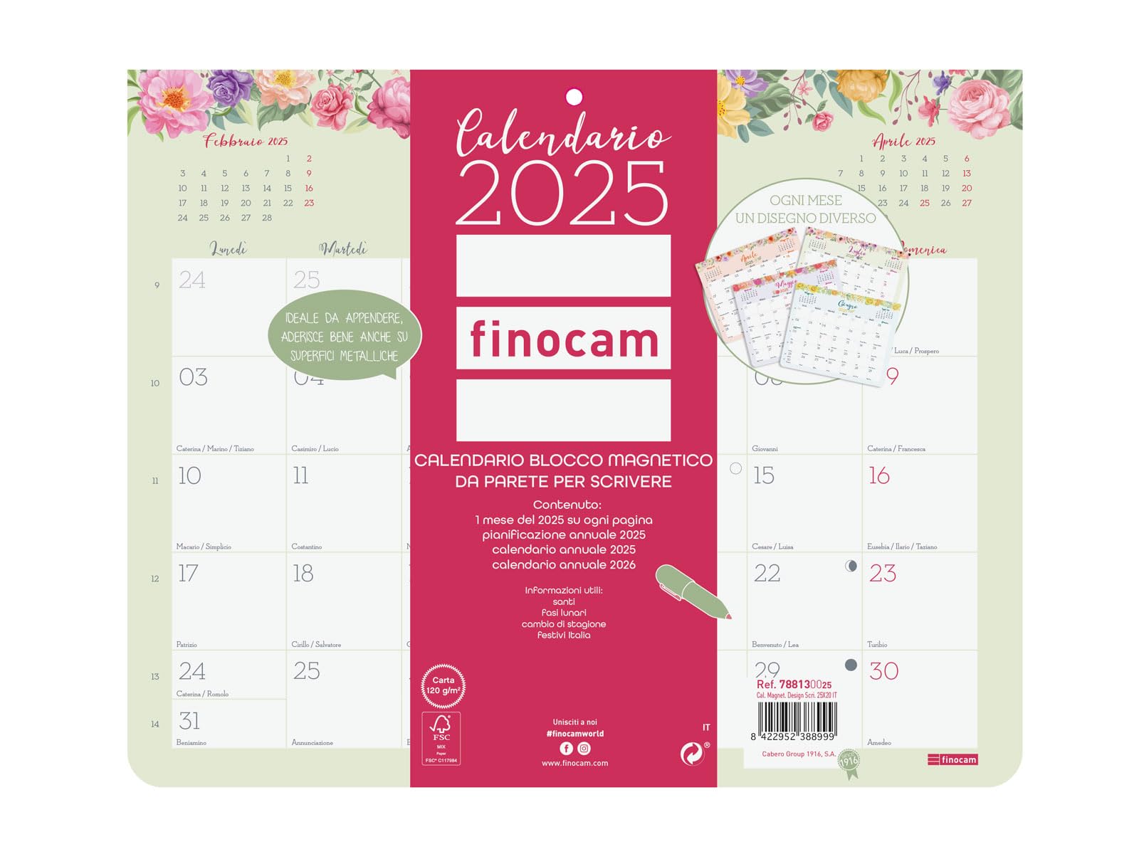 Finocam - Bloc Design Wall Calendar with Magnet for Writing 2025 Monthly Layout January 2025 - December 2025 (12 Months) Italian