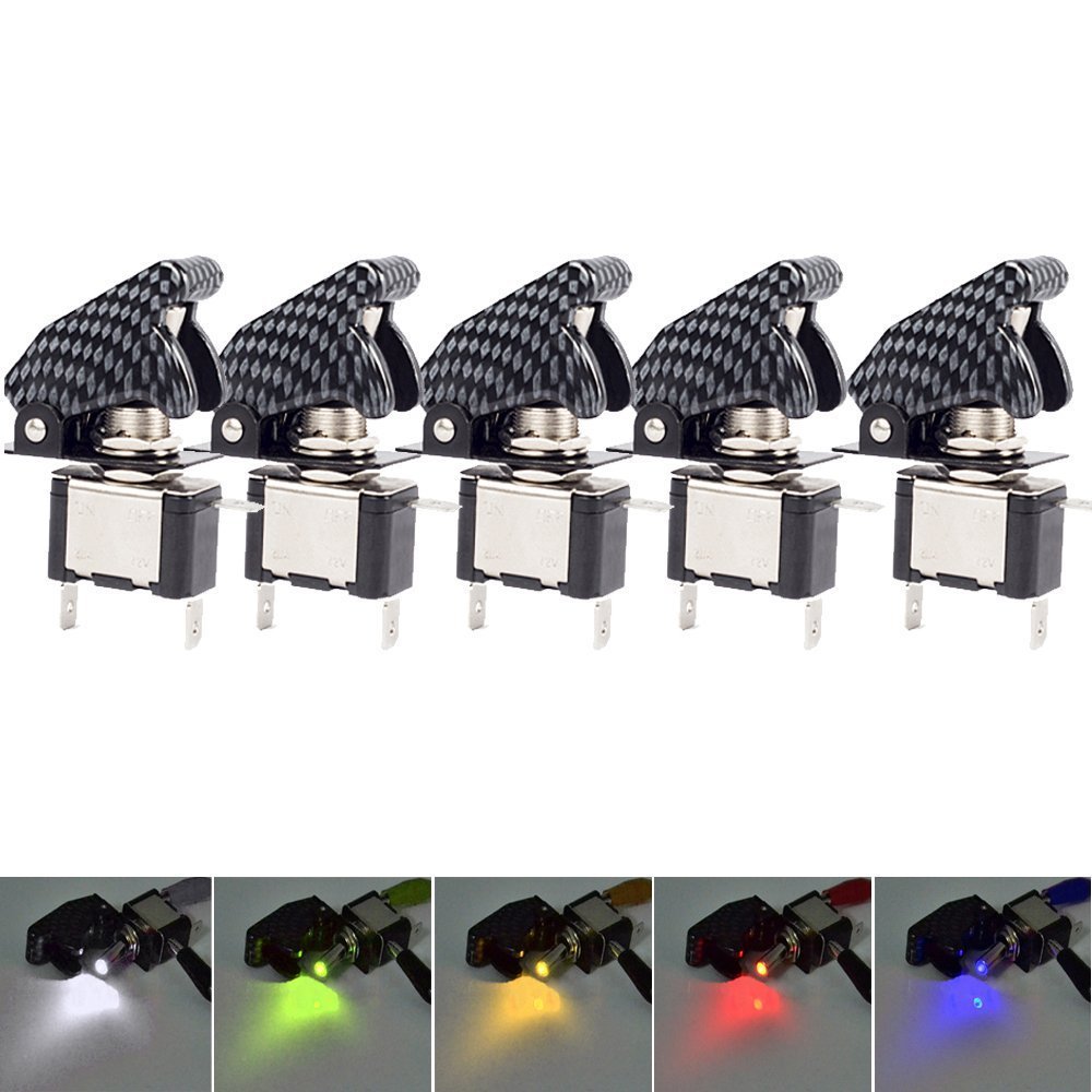 Mintice™ 5 X 12V 20A Blue/Red/Green/Yellow/White Carbon Fiber Cover LED Light Rocker Toggle Switch SPST ON/OFF Car Vehicle