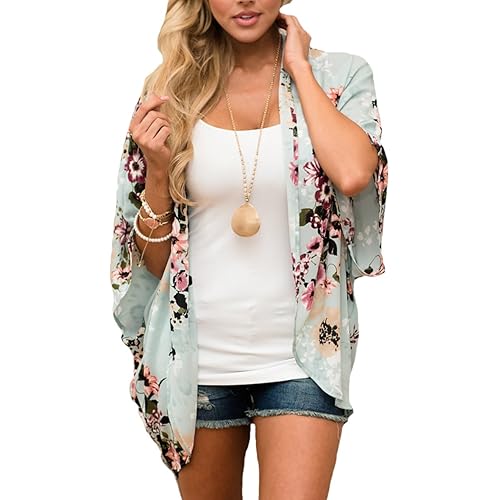 PRETTODAY Women's Summer Floral Print Kimonos Loose Half Sleeve Chiffon Cardigan Blouses Casual Cover Up