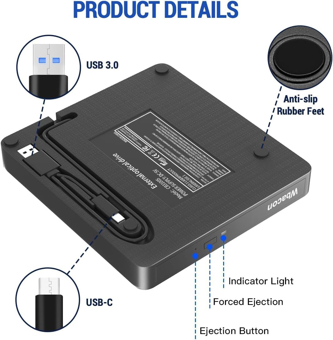 External CD/DVD Drive for Laptop, USB 3.0 & Type-C Portable CD DVD Burner, CD ROM +/-RW External DVD CD Drive, DVD Player for Laptop Compatible with Desktop, PC, Windows, Linux, Mac OS, Apple