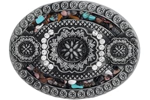 BEAMARKER Vintage Western Belt Buckle Oval Turquoise Country Big Belt Buckles Bohemian Style Floral Engraved Design Jewelry f