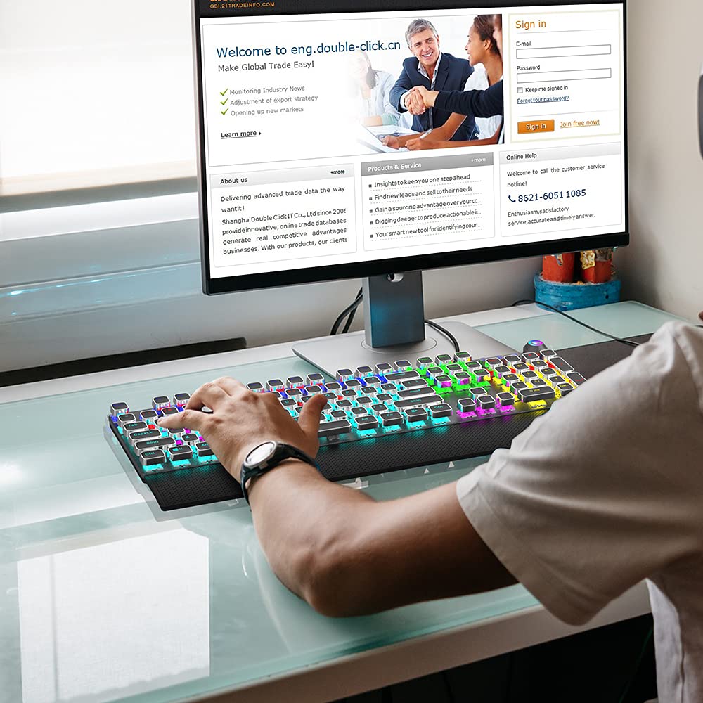 Fiodio Mechanical Gaming Keyboard, LED Rainbow Gaming Backlit, 104 Anti-ghosting Keys, Quick-Response Black Switches, Multimedia Control for PC and Desktop Computer, with Removable Hand Rest