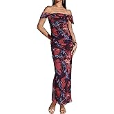 DERAX Womens Floral Print Off Shoulder Bodycon Maxi Dress Mesh Long Sleeve Ruched 2026 Spring Long Dresses