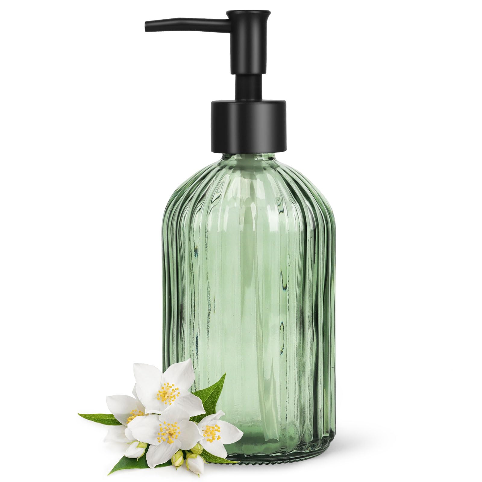 Topsky Glass Soap Dispenser with Black Plastic Pump, 400ml Liquid Hand Soap Dispenser, Rustproof Pump for Kitchen & Bathroom, Great for Lotions, Essential Oil, Liquid Soaps (Army Green) — image 1