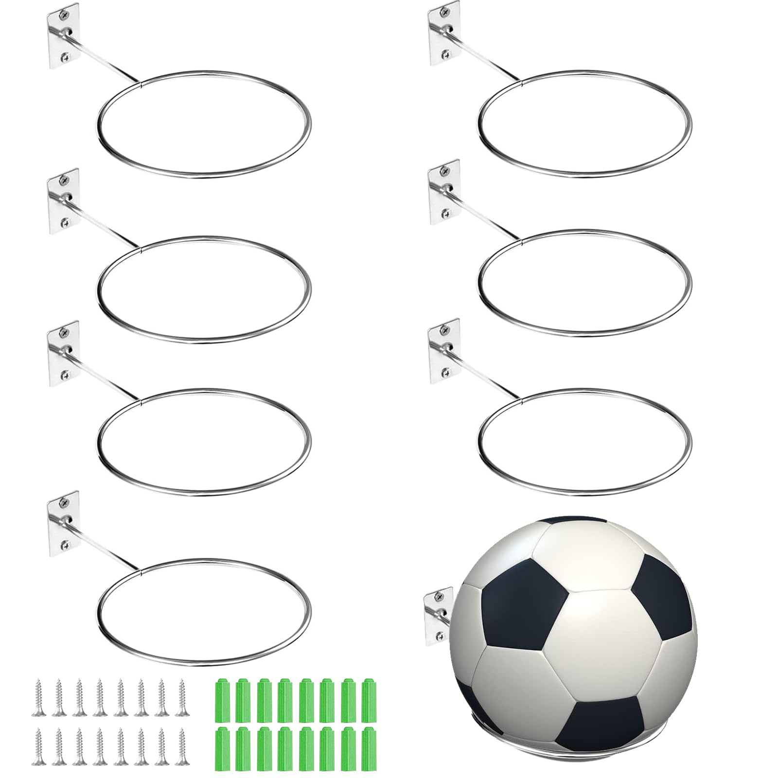 SVUPUE Wall Mount Ball Rack, 8 Pieces Mounted Ball Wall Mount with 16 Screws and 16 Expansion Tubes, for Basketball Football and Rugby, Silver
