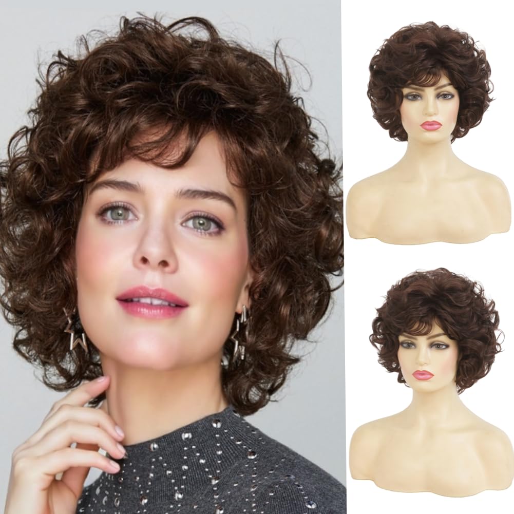 Photo 1 of Amnenl Short Brown Curly Wig with Bangs Wigs for Women Brown Bob Curly Shaggy Synthetic Full Natural Looking Daily Paty Halloween Wig