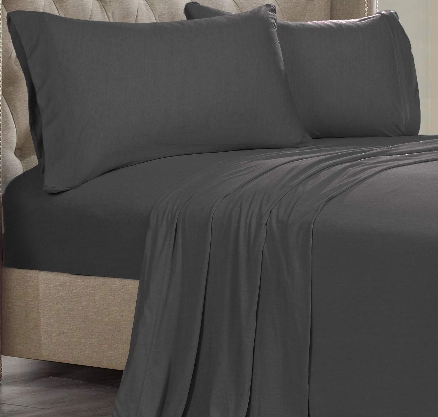 Posh Home Jersey Knit Ultra Soft Lightweight Cotton T-Shirt Comfortable Breathable Cooling Cozy Unisex All-Season Bed Sheet Set Easy Care (Twin XL, Grey)