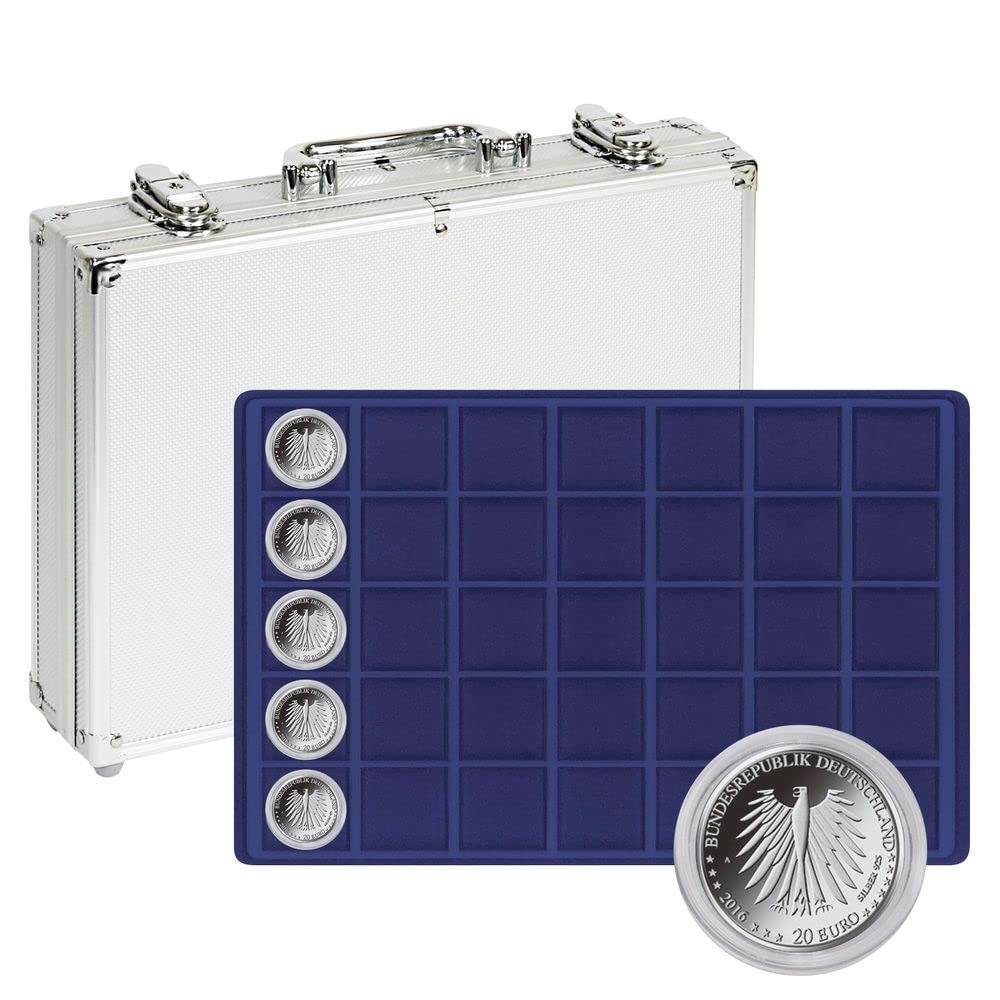 LINDNER Das Original Aluminium Coin Case with 5 Dark Blue Coin Trays for 175 Coins or Coin Capsules up to 39 mm Diameter