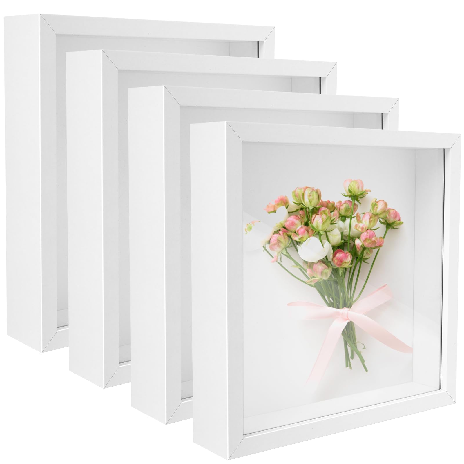 Photo 1 of 4 Pack 8"x 8" Shadow Boxes Frame Display Cases Wood Deep Shadowbox for Photos, Dried Flowers, Handicrafts Picture Frames for Wall Tabletop (White, 8x8)