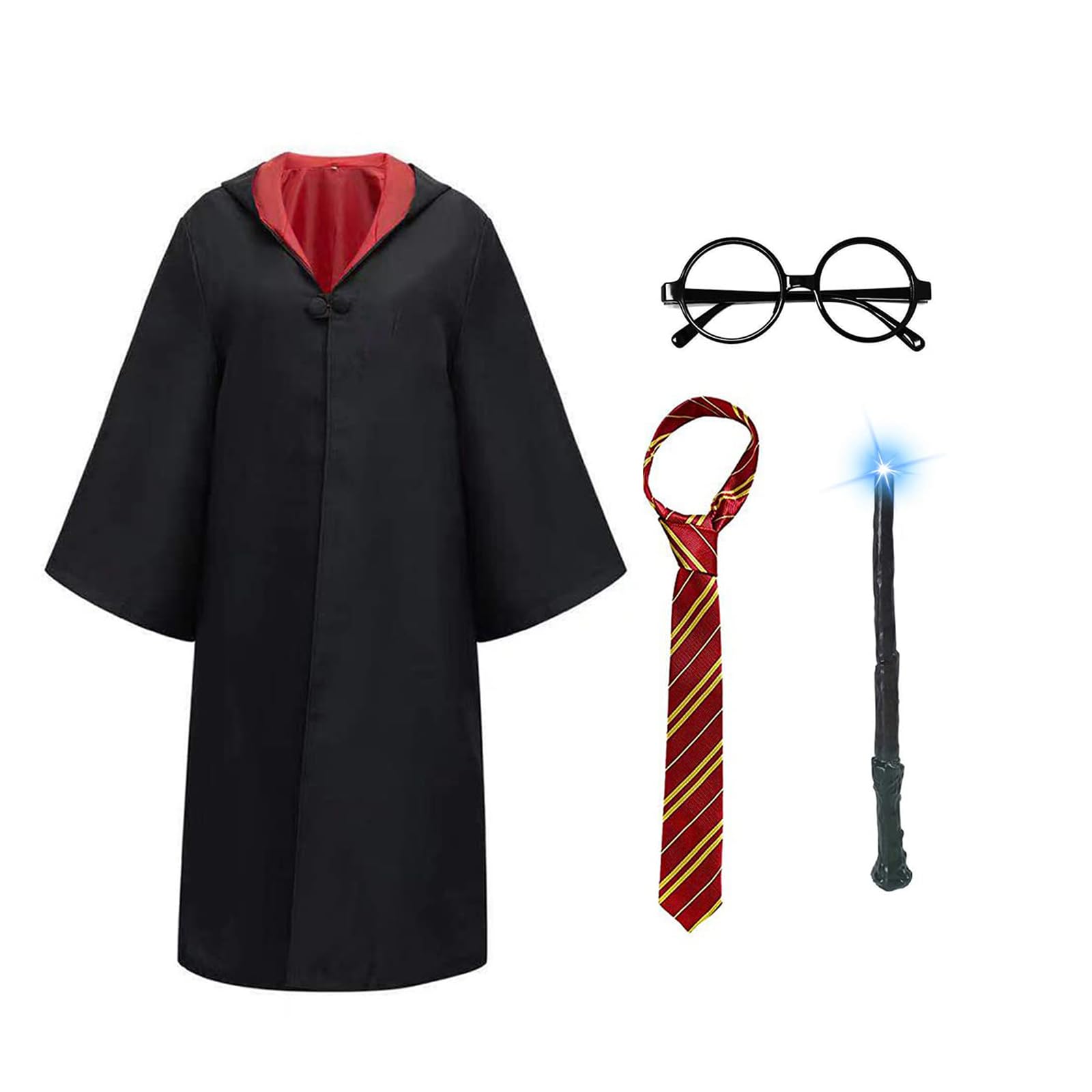 MR.HOKWY Wizard World Book Day Costumes - Wizard Robe Cosplay Costume Set, Magician Costume, Fancy Dress, Fluffy Robe, Magic Stick, Potter Glasses, Pinstripe Tie, Halloween Costumes for Kids(135CM)