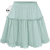 Kate Kasin Women Cotton Mini Skirts with Shorts Underneath, Ruffle Lace Skirt Flowy, Tiered Skorts with Pockets