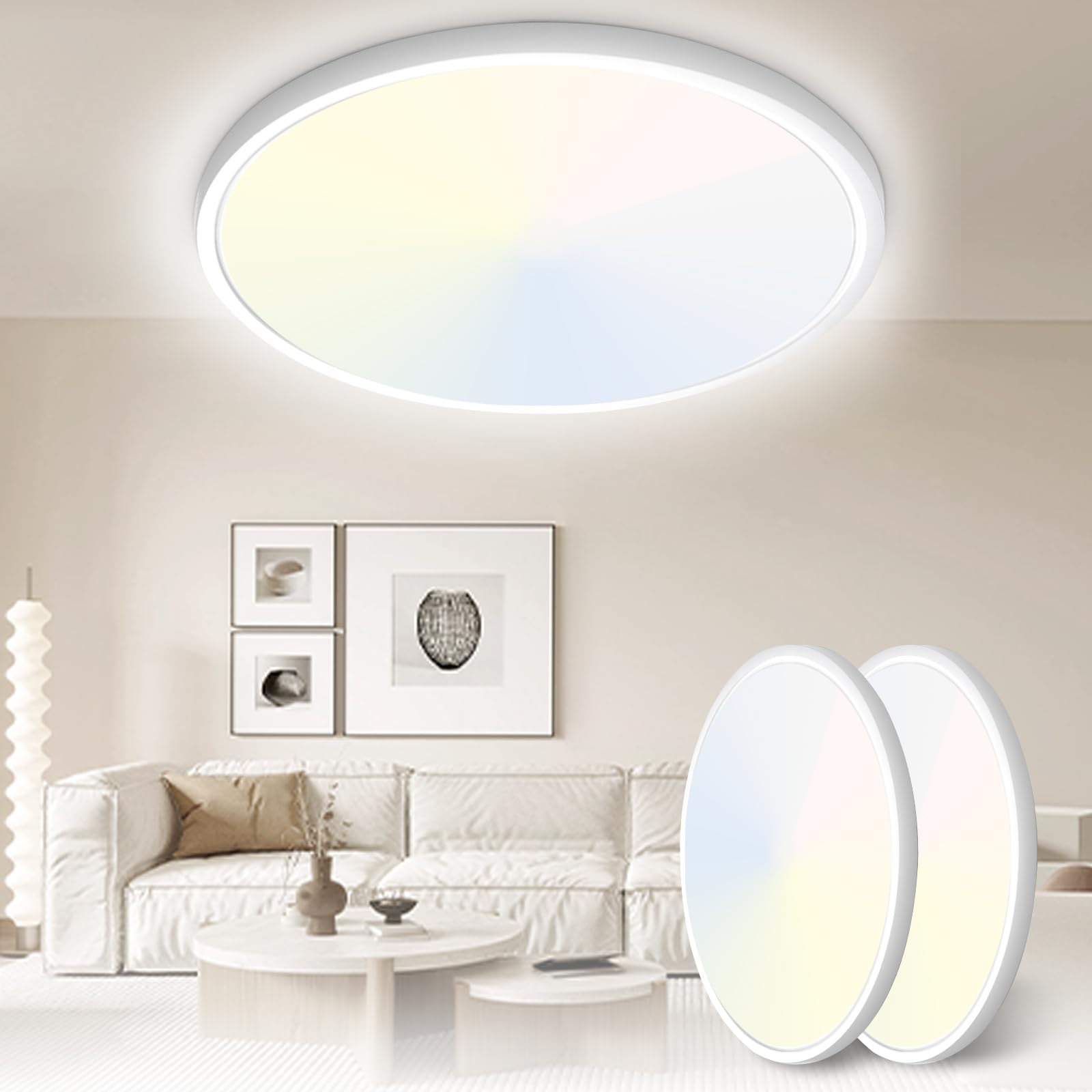 Yexati 30CM Bathroom Light 24W 3200LM 6000K/4000K/3000K IP54 Waterproof Bathroom Lights Ceiling, Ultra Thin Round Flush Ceiling Light for Kitchen Bedroom Toilet Porch Hallway Living Room Office 2 Pack