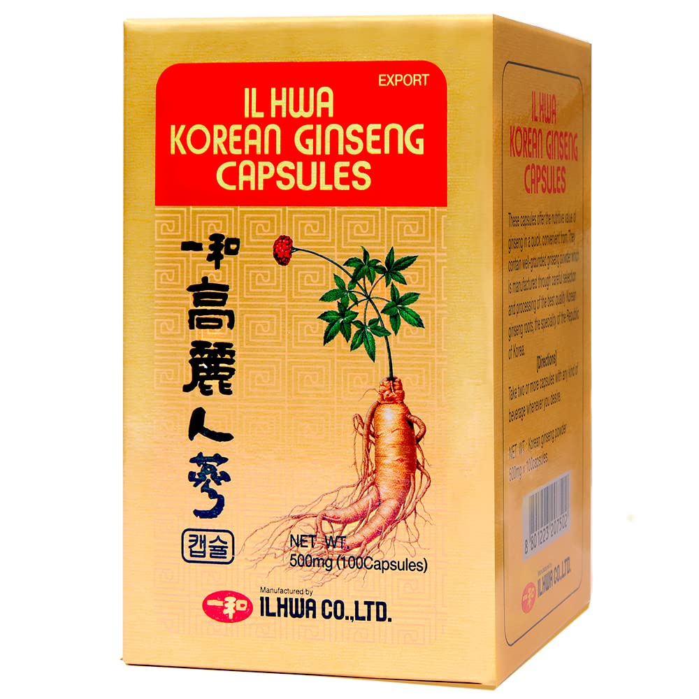 Korean Ginseng Capsules, 500 mg, 100 Servings | Only Panax Ginseng Root | No additives | Physical and Mental Energy | Maximum Strength and Quality by Ilhwa
