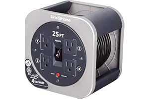 Link2Home 25 Ft.Heavy Duty Retractable Extension Cord Reel With 4 Outlets & 16AWG 3-Prong SJT Cord (Grey)