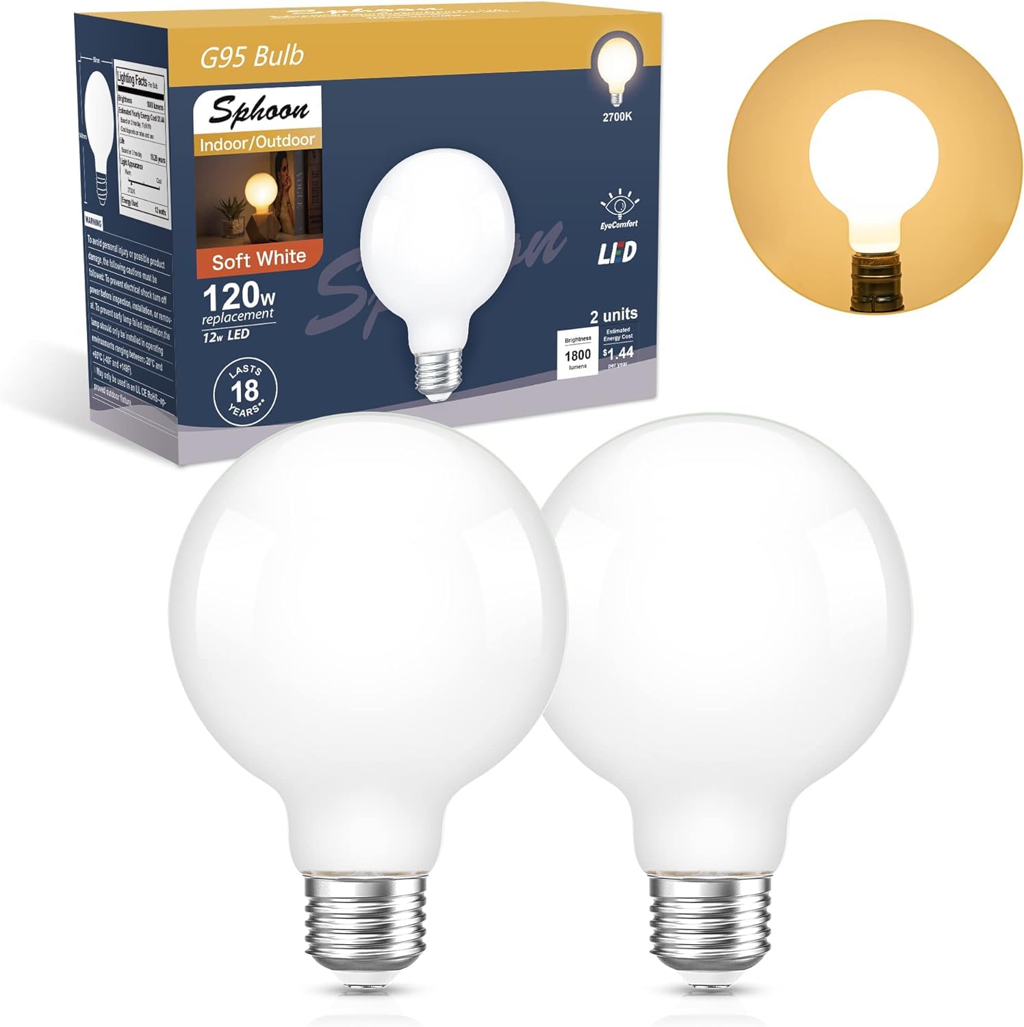 Photo 1 of Sphoon LED Dimmable Globe Light Bulb 100 Watt Equivalent, Edison Standard E26 12 Watt 1521LM G95 Filament Decorative Lightbulbs for Vanity Bathroom Mirror, Warm White 2700K, 2 Pack