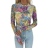 CHICME Womens Floral Mesh Long Sleeve Tops Crewneck See Through Fitted Shirts Sexy Sheer Going Out Blouses