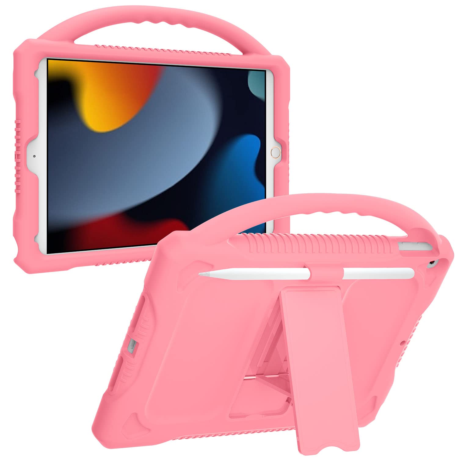 JOGUIIA Kids Case for iPad 10.2,Premium Silicone Shockproof Kids Cover for iPad 10.2inch 2021/2020/2019,Built-in Stand Handle for Apple iPad 9th 8th 7th Generation(Pink)