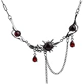Joddfly Gothic Black Chain Necklace, Dark Red Zircon Pendants, Stainless Steel, 43+7cm