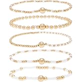 Tyebiva Rainbow White Beads Stack Bracelets for Women, 5Pcs Cute Boho Handmade Gold Beaded Stackable Stretch Bracelet Everyday Fashion Jewelry Gift.