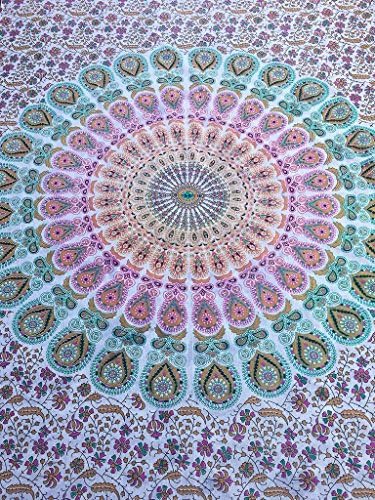 Mandala Twin Size Indian Tapestry Beach Throw Peacock Towel Picnic Blanket Yoga Meditation Light Color 84 x 55 inches