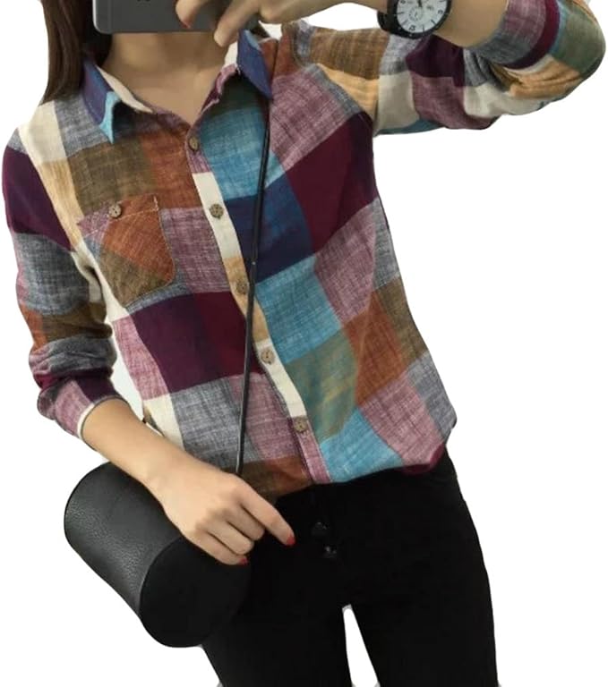 Amazon Piite レディース ワイシャツ 春 チェック シャツ 麻綿 アウター ファッション ブラウス ゆったり ストレート シャツ 長袖 麻綿 Poloネックトップス Tシャツ カットソー おしゃれ Tシャツ カットソー 通販