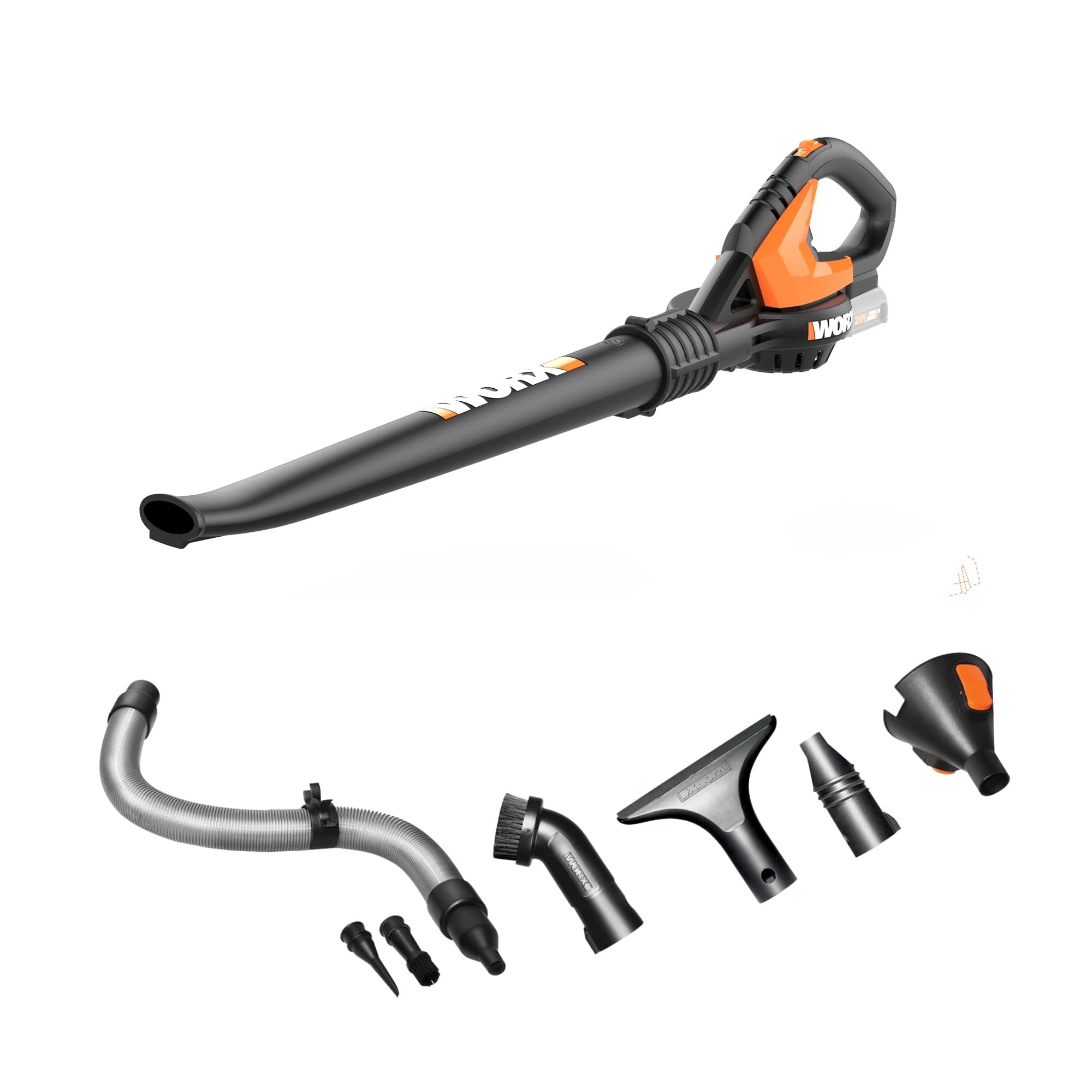 WORX Soplador de hojas inalámbrico, sopladores eléctricos para el cuidado del césped con 120 MPH y 2.7 LBS, diseño de boquilla larga para espacios estrechos con accesorios de limpieza, batería y cargador no incluidos, WG545.9