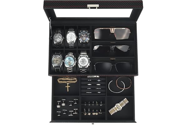 Watch Box for Men, 6-Slot 2-Layer Watch Case and Sunglasses Storage with Large Glass Lid, Men's Jewelry Box Organizer with Lo